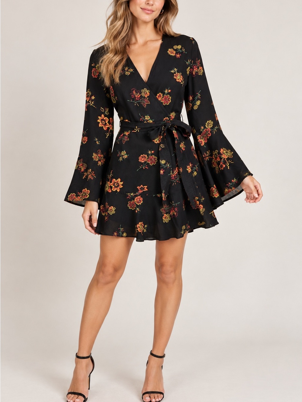 A.L.C. Size 0 Black Floral Silk Wrap Mini Dress Bell Sleeve Belted